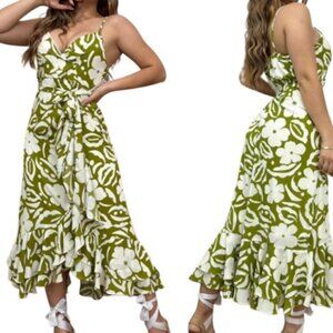 Blu Pepper Womens Midi Dress Green Floral Ruffled Belted Chiffon JR L New